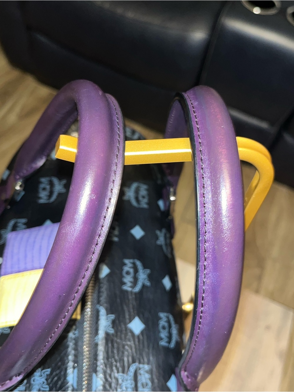 MCM Black monogram Leather Satchel with Purple Handles and Multicolor Patches - Picture 4 of 11